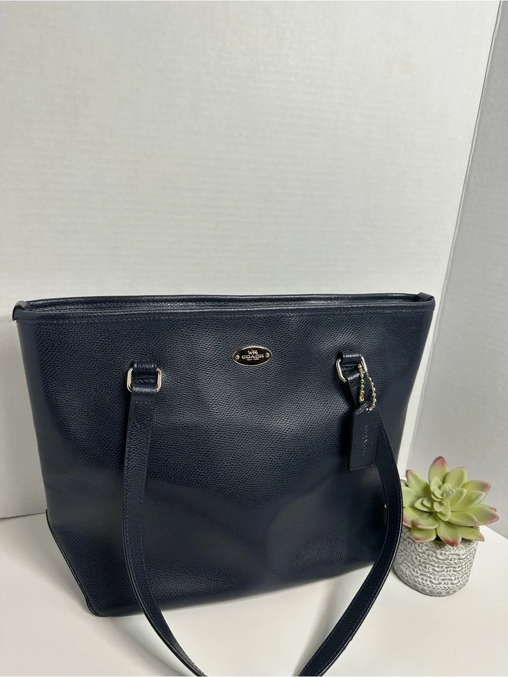Coach Navy Pebbled Leather Tote with Tag and Gold Accent